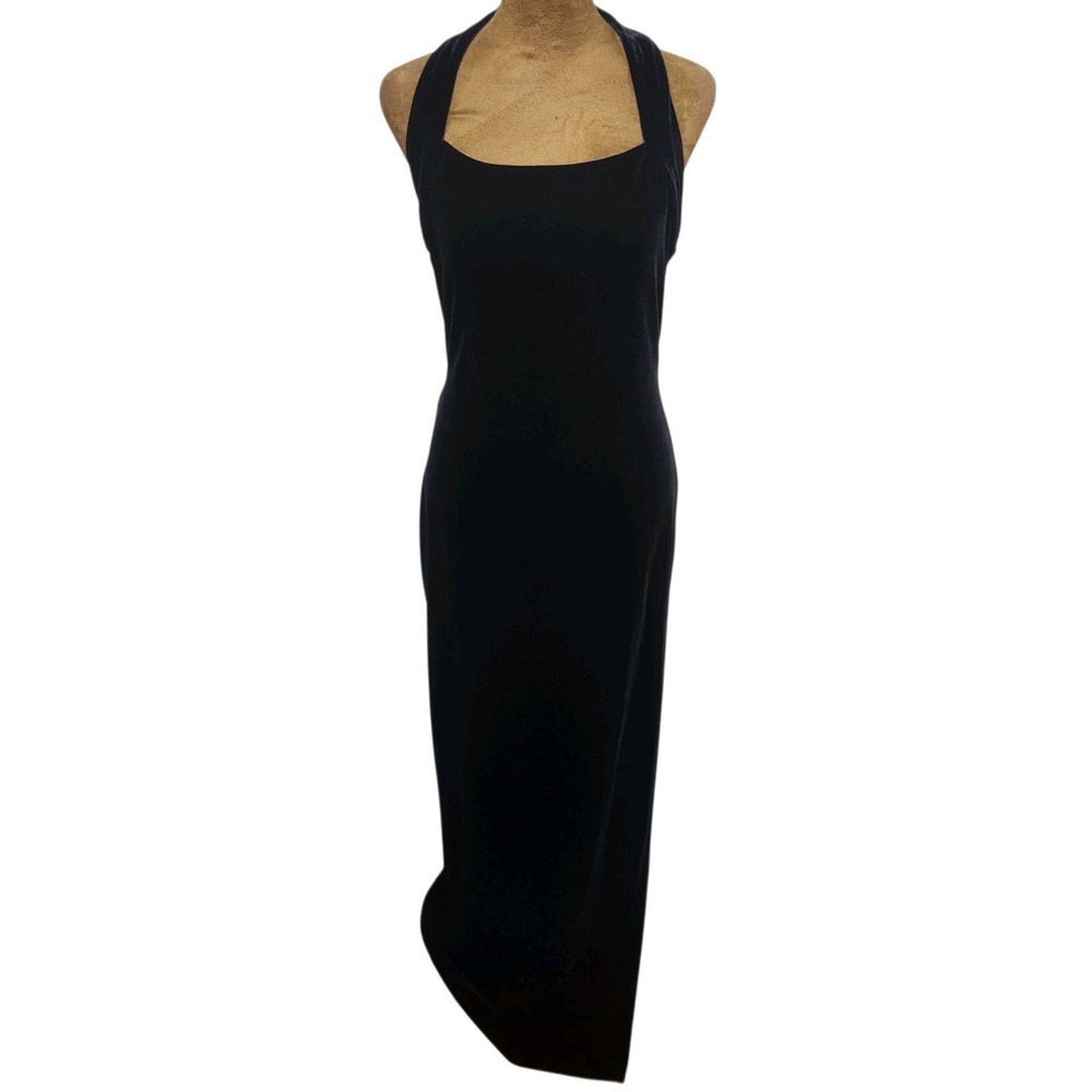 Zum Zum 90s Maxi Halter Dress Size S Black Velvet Side Slit Whimsigoth Formal